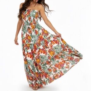 Abel the Label Smocked Floral Tiered Tropical Maxi Dress M Resort Wear Beach
